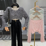Pbong  Crop Top Pullovers Blue Womens Women Knitted Fashion Oversized Winter Sweaters Casual Ladies Jumpers Korean Style Black Ins