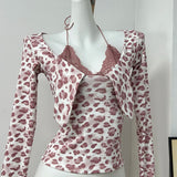 Pbong   Hot Girl Leopard Printed T-shirt Long Sleeve Women Spring Summer New Knot Waistline Slim-fit T-shirt Lace Patchwork Halter Tops