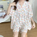Pbong  Loose Floral Printing Pajama Set Summer New Women Night Wear Pj Set Half Sleeve Knee V-neck Sleepwear Femme Nightie