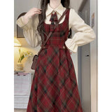 Pbong  Single Piece School Style Japanese Plaid Strap Dress Women Student Waist Cinching Slimming Midi Length Overalls Skirt Set