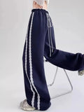 Pbong  Lace Striped Sweatpants Women Retro Streetwear Loose Y2K Wide Leg Pants High Waist Casual Patchwork Bf Lace Up Trousers New
