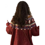 Pbong  Red Christmas Pattern Knitted Sweater Loose round Neck Pullover for Women Couples Matching American Retro College Style