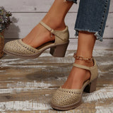 Ankle Strap High Heels Sandals for Women Summer Hollow Out Breathable Pumps Woman Comfortable Chunky Heeled Shoes