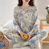 Pbong  Women Two-piece Set Pajamas Set Girls Chinese Style Printing Sleepwear Round Neck Long Sleeved Top Loungewear Casual Homewear