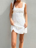 Pbong  Women Summer White Short Dress Sleeveless Square Neck Lace Trim A-line Tank Dress Bohemian Casual Chic Dresses