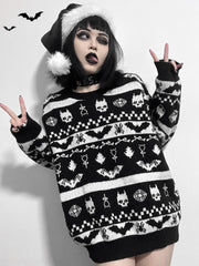 Halloween Dark Gothic Skull Punk Retro Bat Pattern Autumn Winter Soft Warm Knitted Sweater Women's Pullover