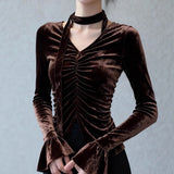 Pbong  Elegant Vintage Coffee Long Sleeve Velvet Shirt Women's Waist-Cinching Slimming Pleated Top Commute Style Autumn Winter New A...