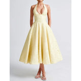 Elegant Sexy Evening Party Dresses Women Korean Style Halter V-neck Dress Sweet Backless Yellow Summer Solid Midi Dress