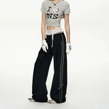 American High Street Popular Harajuku Lace Spliced Drastring Design Pant Casual Long Baggy Wide Leg Trouserst Y2k Girl Bottoms