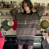 2000s Vintage Sweater Y2K Women Casual Striped Long Sleeve Round Neck Preppy Style Pullover Tops Retro Grunge Knitwear