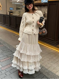 Sweet Chic Ruffle Mesh Tutu Cake Skirt Elastic Waist Beige Streetwear Long Skirt 2025 New Spring Summer A-line Fashion Skirts