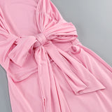 New sexy pink sloping shoulder dress, women's back tied hem fish tail party dress long