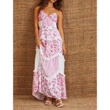 Pbong  Women Summer Boho Lace Trim V-Neck Smocked Adjustable Spaghetti Strap Cross Backless Ruffled Floral A-Line Long Dress