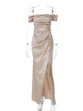Satin Off-shoulder Sexy Maxi Dress Women Fashion Strapless Sleeveless Backless Side Split Ruched Evening Long Dress