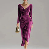 Pbong  Autumn Winter Women's Velvet Long Sleeved Dress Square Neck High Waisted A-line Banquet Dress Elegant Temperament Draped Dress