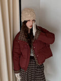 Winter Retro Puffy Parkas Women Warm Thick Plaid Patchwork Cute Coat Casual Preppy Style Korean Long Sleeve Cotton Jackets