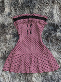 Pbong  Women Frill Trim Polka Dot Print Contrast Lace Strapless Mini Dress