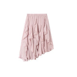 Women Pink Ruffled Skirts Elegant Korean Style High Waist Elastic Waist Asymmetric Lace Layered Short Skirts Mesh Skirt
