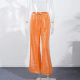 Pbong  Sequin Loose Lace Up Pants Women Casual Elastic Low Waist Wide Leg Trousers Female Summer Lady Shiny Party Club Pant New
