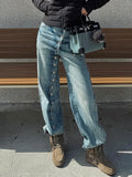 Pbong   American Retro Plus Size Distressed Washed Jeans Diagonal Button Jeans Children Spicy Design Casual Loose Jeans Floor Pants