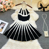 Pbong  Fashion Sexy Backless Halter Knitted Dress Women Elegant White and Black Patchwork Slim Waist Pleated Party Dress