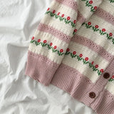 Women's Floral Cardigan Pointelle Knit V-neck Sweater Jacket Top Long Sleeved Button-up Cardi Soft Knitwear Korean Style Outfit