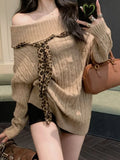 Sexy Off Shoulder Y2K Sweater Women Vintage Leopard Lace Up Knitted Jumper Casual Lazy Wind Long Sleeve Slash Neck Pullover