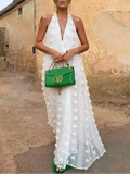 Women Sexy Backless Deep V-neck Halter Dress Fashion 3d Flower Patchwork Loose Robes New Female Vocation Party Dresses