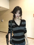 V Neck Vintage Striped Sweater Women Sexy Slim Long Sleeve Y2K Knitted Jumper American Retro Harajuku Letter Fall Pullover