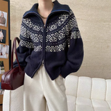 Fair Isle Zip Up Sweater Cardigan for Women Collared Zipper Front Knitted Jacket Autumn Winter Teen-girl Vintage Outfit