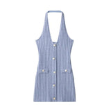 Halter Neck Single Breasted Knit Women Dress Sleeveless Tight Blue Summer Short Dress New Sexy French Woman Clothing