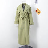 Elegant Grey Belt Long Faux Wollen Coat Women Lapel Double Breasted Street Coats Female 2025 Autumn Winter New Lady Peacoat