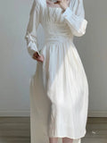 Autumn Women White Solid Long Sleeve Long Dress Elegant A-line Sweet Dresses Vintage Casual Birthday Vestidos Female Clothes