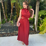 Satin Hollow Out Kink Long Dress Round Neck Sleevelss Party Dress For Summer Elegant Chic Vestidos Woman Clothing