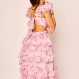 Pbong  Women Summer Floral Print Ruched Bust Sleeveless V-Neck Ruffle Layered Lace-up Backless Flowy A-Line Long Cake Dress