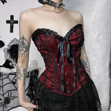 Pbong  Tube Top Gothic Printed Lace Trim Sleeveless Metal Buttons Lace-up Corsets Tank Top Court Elegant Fairy Grunge Top