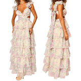 Pbong  Women Summer Floral Print Ruched Bust Sleeveless V-Neck Ruffle Layered Lace-up Backless Flowy A-Line Long Cake Dress