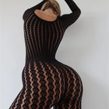 Pbong  American Sexy Perspective Jumpsuit Women Fashionable Hollow Knitted Striped Long Sleeved Jumpsuit Bar Nightclub One Piece Pants