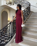 Half High Neck Sleeveless Tight Winered Long Dress Pit Stripe Knitting Women Dress 2025 New Fashion Summer Spring Clothing