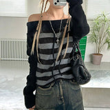 Harajuku Punk Japan Sexy Slash Neck Long Sleeve Pullovers Fashion Y2k Aesthetic Constrast Color Striped Shirts Vintage Loose Top