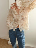 Pbong  Sweet Blouses For Women V-neck Flare Sleeve Summer Shirts Blusas Mujer De Moda Temperament Lace See Through Blouse Tops