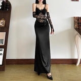 Lace Satin White Party Dresses Women Elegant Sexy V Neck Backless Maxi Dress with Gloves