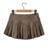 Korean Fashion Faux Leather Skirts For Woman Mini Skirts Low Waist Summer Vintage PU Leather Pleated Skirt With Belt Brown