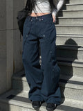 Pbong  Women's Casual Loose Rivet Wide Leg Jeans Basic Low-Waisted Straight Pants Streetwear Ladies Trousers