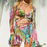 Pbong  3 Piece Set Fairy Y2K Tie Dye Print Chest Wrap Backless Bandage Halter Tops Flared Long Sleeve Shrug T Shirt Pleated Mini Skirt