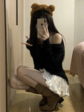 Autumn Winter Women Ballet Core Korean Suit JK Gyaru Coquette Outfits 2 Piece Set Slash Neck Knit Tops + Kpop Mini Lace Skirt