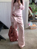 Pink Vintage Leopard Women Jeans Wide Leg American Retro Denim Pants Baggy High Waist Animal Print Trousers Gyaru New