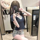Pbong  Y2k Aesthetic Fake Two Pieces Tshirts Women Harajuku Printing Casual Bodycon T-shirt Summer Streetwear Patchwork Grunge Tees