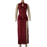 Pbong  Sexy Lace Hollow Out Sleeveless High Slit Vintage Bodycon See Through Women's Evening Party Club Dress