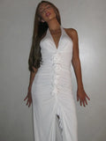 White Floral Ruched Sexy Maxi Dress For Women Gown Halter Deep V Neck Sleeveless Ruffled Bodycon Club Long Dress